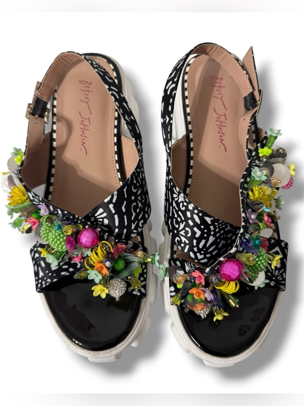 Betsey Johnson Selah Platform Sandals Women’s 8.5 Beaded Floral Black White